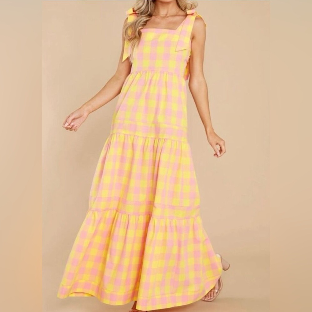 Yellow and Pink Checkered Maxi Dress